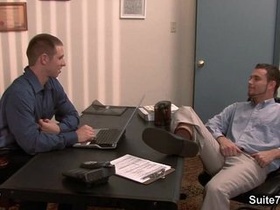 Gorgeous faggot gets arse banged in the office